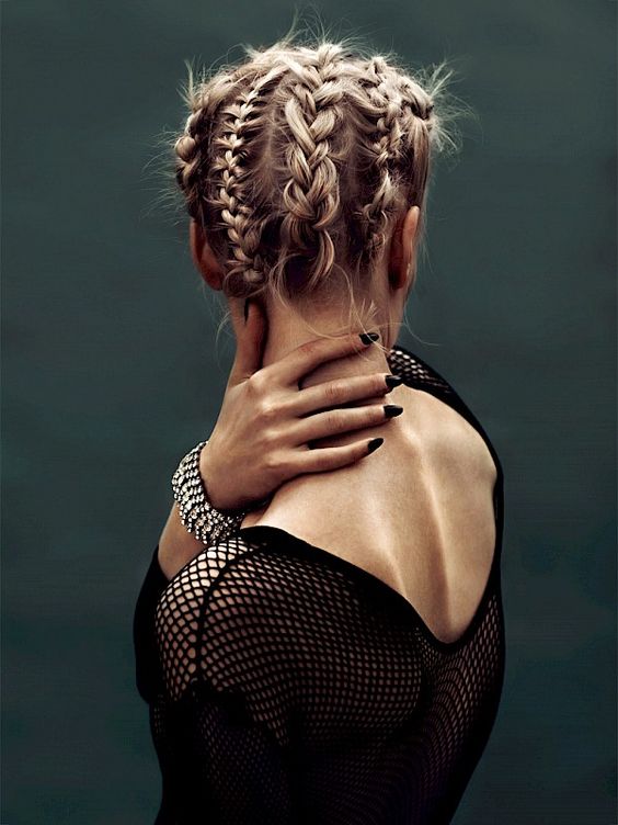 Short blonde hair fully braided and secured on the top is a very cool and eye catchy idea to try