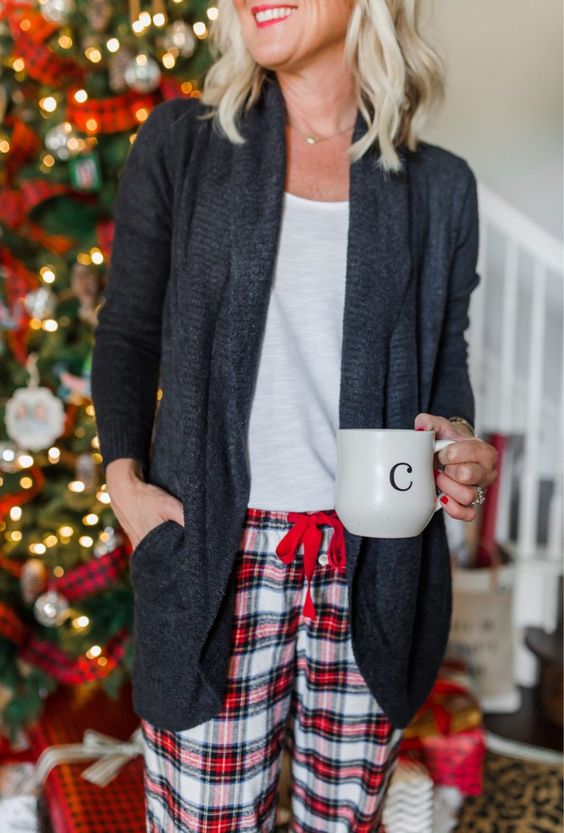 plaid pants, a white top, a grey cardigan compose a simple yet comfortable outfit for Christmas
