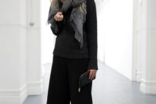 03 a black sweater, black culottes, grey boots, a grey scarf for a casual feel
