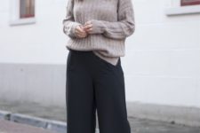 04 a taupe turtleneck sweater, black culottes, black boots for a comfy winter look