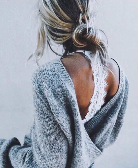 a warm sweater and a lace bralette is still in trend and you may go for such a bold combo anytime