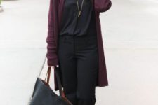 08 a black top, pants, shoes and a bag plus a plum-colored long cardigan for warmth