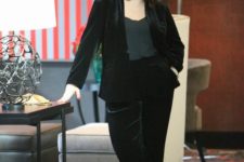 09 a black velvet pantsuit, a grey top, black heels to wear them to work