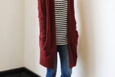 15 blue skinnies, a striped tee, a long burgundy cardigan and black lace up flats