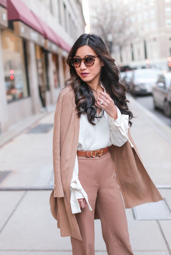 blush pants, a white blouse and a blush long cardigan for a cute and girlish outfit this winter