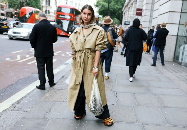 With beige maxi trench coat, wide leg pants and fur shoes