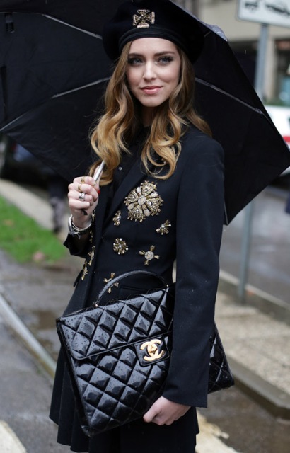With beret, dress and embellished coat