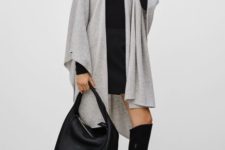 With black turtleneck dress, gray long cardigan and black high boots
