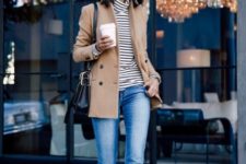 With camel jacket, cuffed jeans, black pumps and black bag