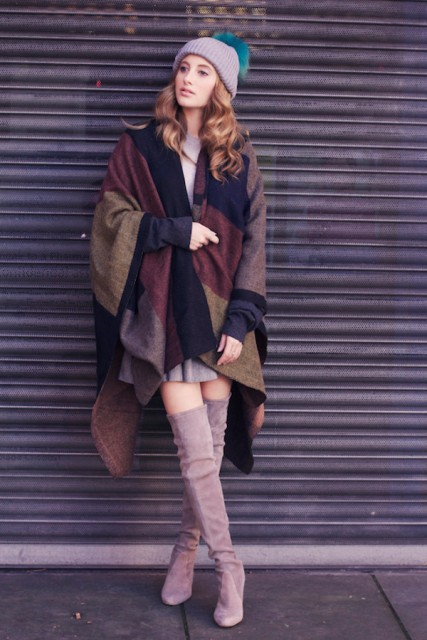 With gray mini dress, plaid cape coat and over the knee boots