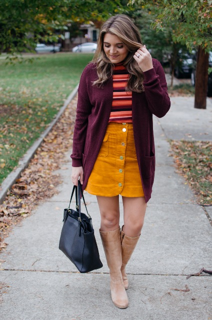 With marsala cardigan, suede skirt, beige suede high boots and black tote