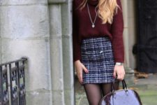 With marsala sweater, printed mini skirt and ankle boots