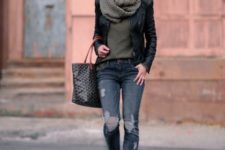 With olive green shirt, black jacket, distressed jeans, black pumps and tote