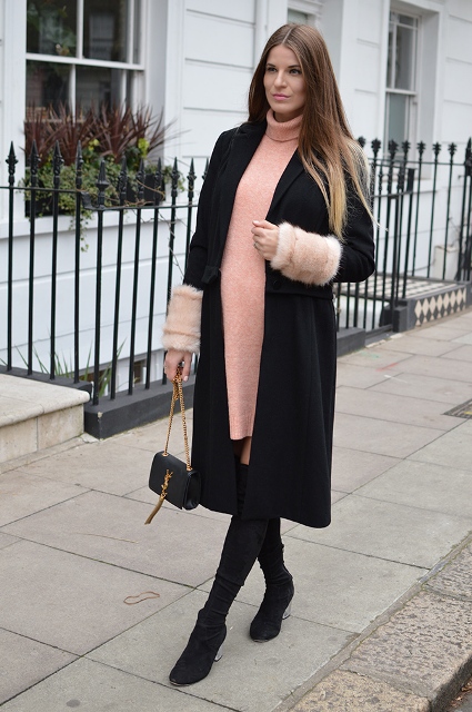With pale pink sweater dress, mini bag and over the knee boots