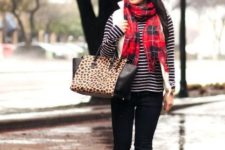 With plaid scarf, leopard tote, black pants and red boots