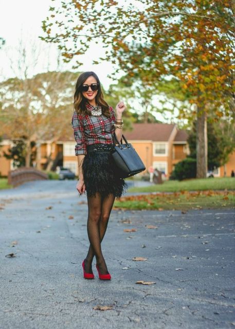With plaid shirt, black bag and red pumps