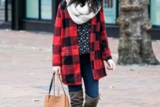 With printed shirt, skinny jeans, plaid coat, over the knee boots and brown tote