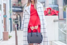 With red dress, printed midi coat, black tote and white shoes