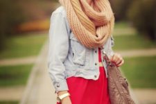 With red mini dress, denim jacket, tote and printed tights