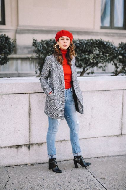 With red turtleneck, checked blazer, jeans and ankle boots