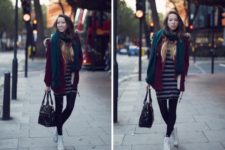 With striped dress, marsala jacket, black tights, black bag and white sneakers