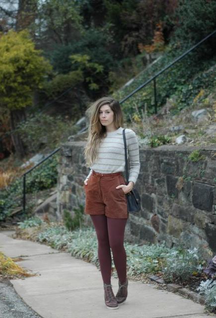 With striped sweater, marsala tights, black bag and flat shoes