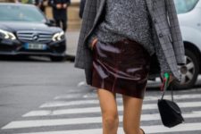 With sweater, leather skirt, black bag and plaid blazer