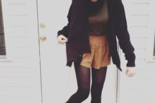 With turtleneck, high boots and black loose cardigan
