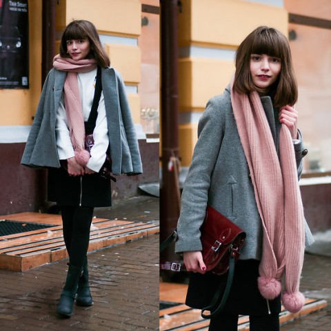 With white blouse, black skirt, black tights, gray mini coat and marsala suede bag
