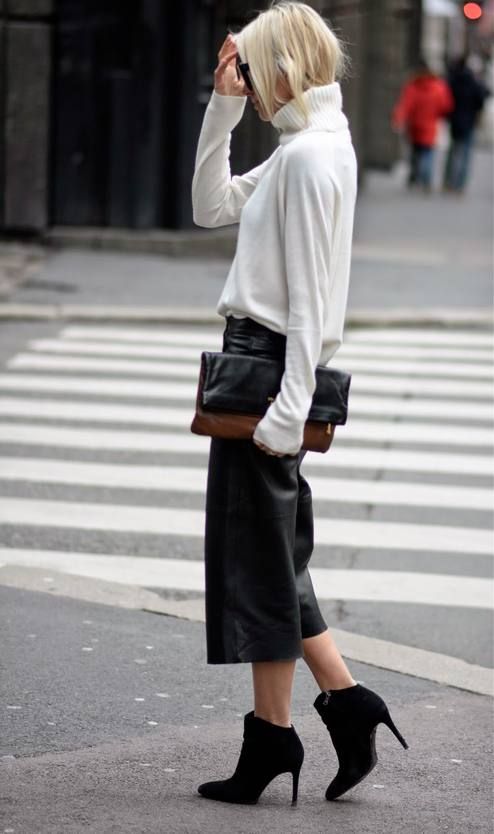 black cropped leather culottes, a white turtleneck, black suede boots and a clutch, just add a coat on top