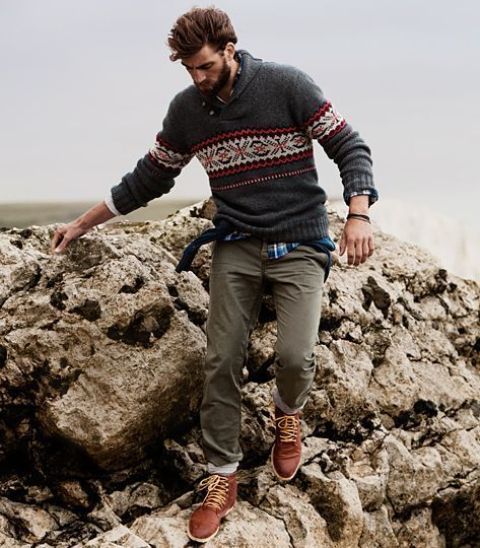 a plaid shirt, a printed grey sweater, olive green pants and brown sneakers for maximal comfort