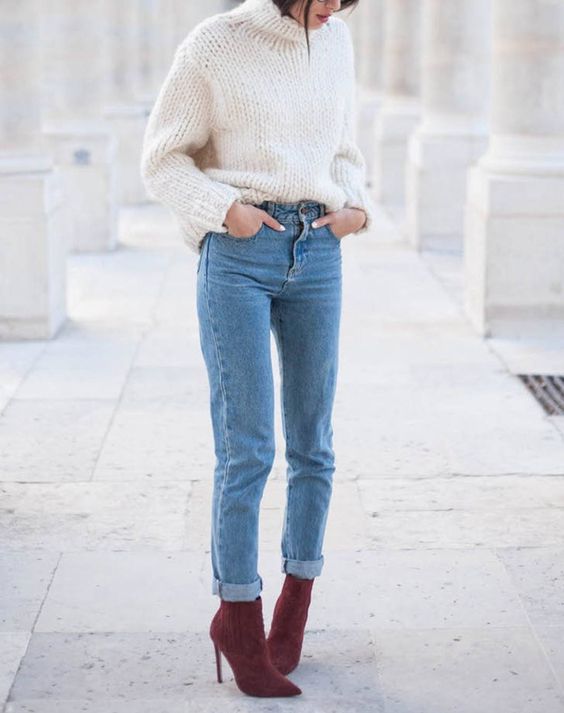 blue denim, a white chunky knit sweater and fuchsia suede sock boots
