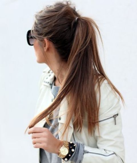 a messy ponytail with long straight hair and a messy bump is ideal to wear to work, college or anywhere else