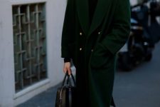 06 a black turtleneck, grey cropped pants, an emerald overcoat and white sneakers for a smart casual outfit