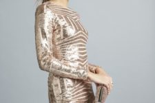 07 a sexy rose gold sequin mini dress with geometric patterns, long sleeves and a box clutch