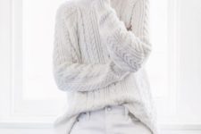 07 white distressed denim and a cable knit sweater for a comfy casual look