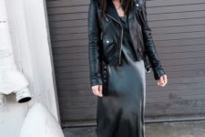 08 a slip silk midi dress, a black leather jacket and checked slipons for a grunge feel