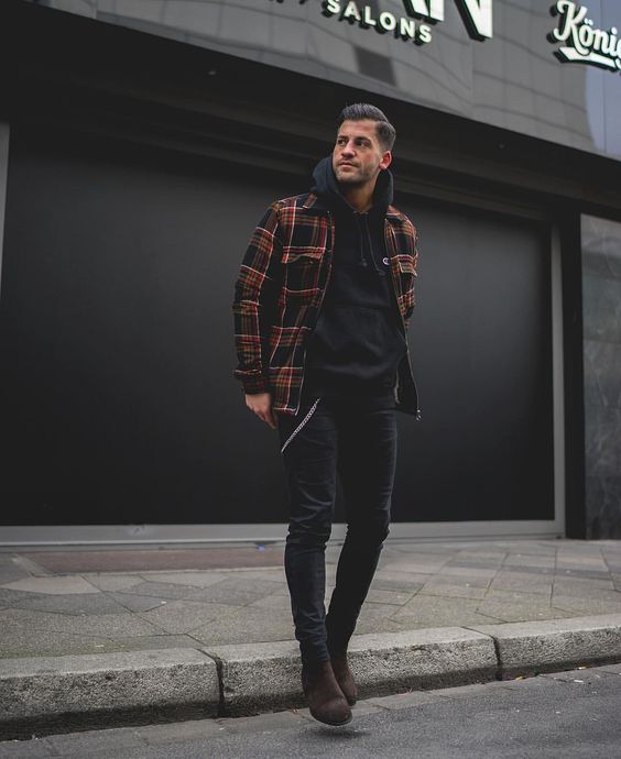 black skinnies, a black hoodie, a plaid shirt, brown shoes for a comfy winter holiday outfit