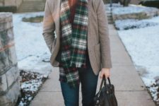12 navy denim, brown shoes, a burgundy sweater, a plaid scarf and a grey jacket to rock