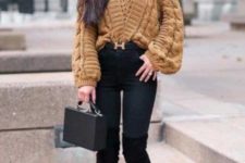 14 a mustard one shoulder sweater, black skinnies, black tall boots and a small black bag