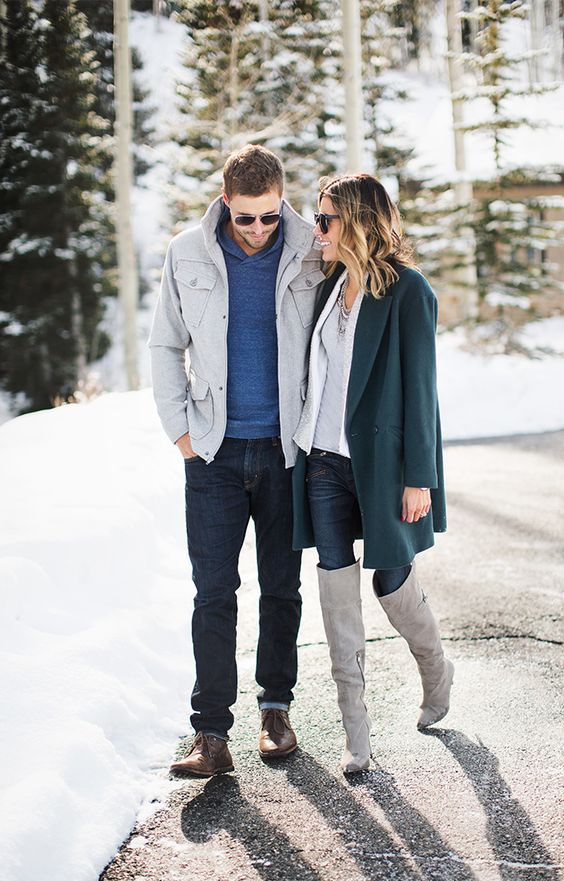 navy jeans, a blue sweater, brown shoes and a short grey coat will make your look stylish