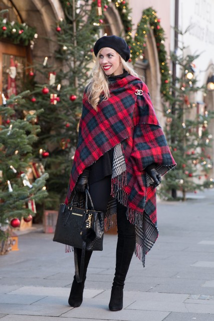 Cozy Christmas look with a plaid poncho, black beret, black pants, black blouse, tote and high heeled boots