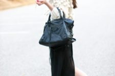 With black maxi skirt, black tote and white sneakers