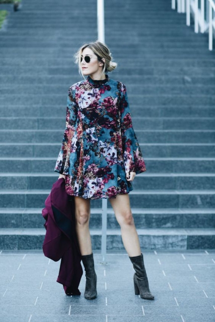 With floral mini dress and purple coat
