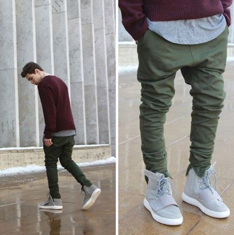 With gray t-shirt, marsala sweater and olive green pants