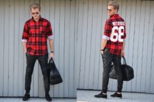 With plaid button down shirt, black sneakers and black big bag