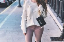 With skinny pants, gray hat, black clutch and suede over the knee boots