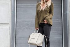 With skinny pants, white tote and black boots