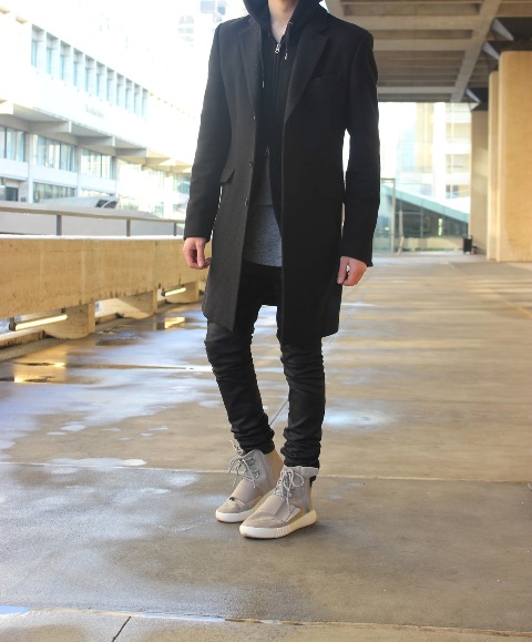With straight pants, black coat and shirt