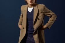 With white t-shirt, brown coat and trousers